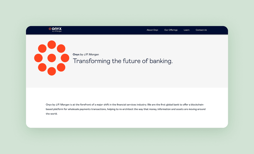 page of jpmorgan.com describing Onyx, the company’s blockchain solution