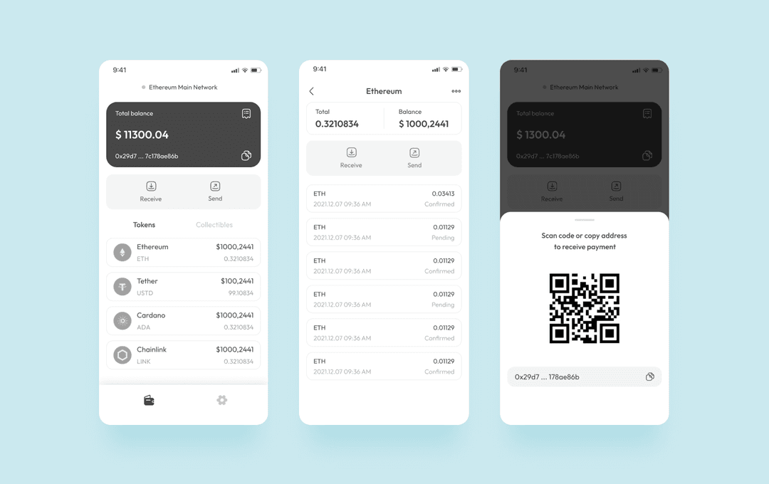 abel non-custodial crypto wallet showing token balances wallet address and receive qr