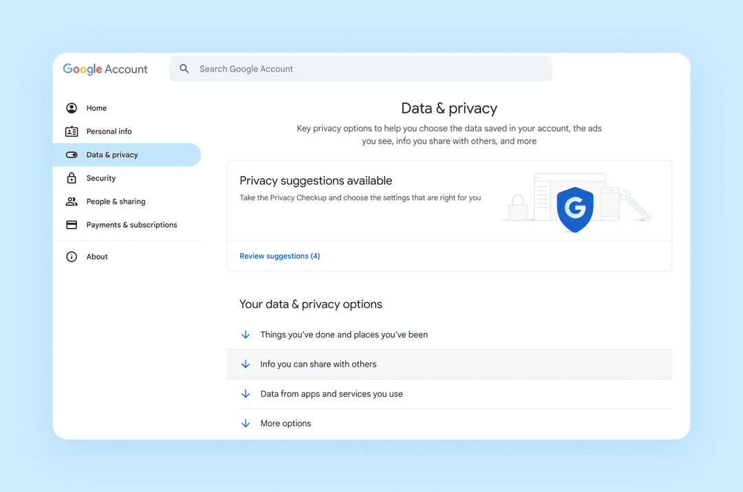 Data & Privacy tab of the Google account webpage