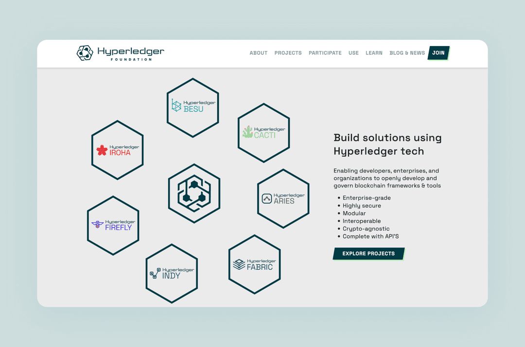 page on hyperledger.org describing the benefits of the Hyperledger product suite