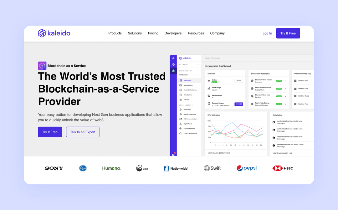 page on kaleido.io advertising Kaleido’s capabilities as a blockchain-as-a-service provider