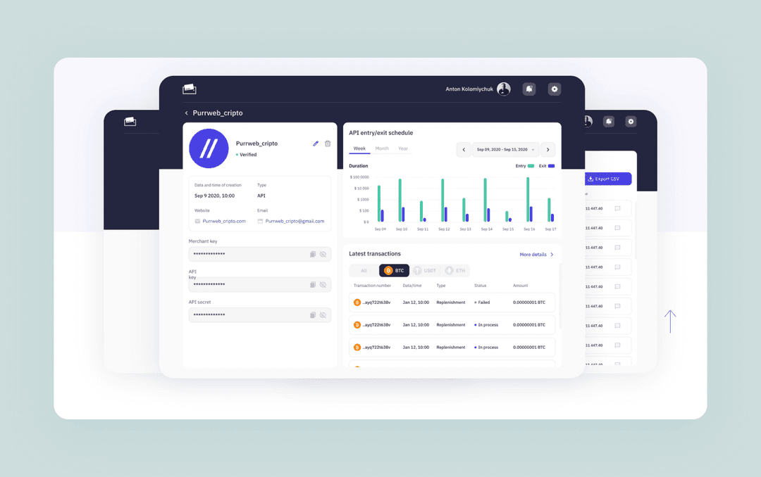 screens of a crypto wallet app designed by Purrweb