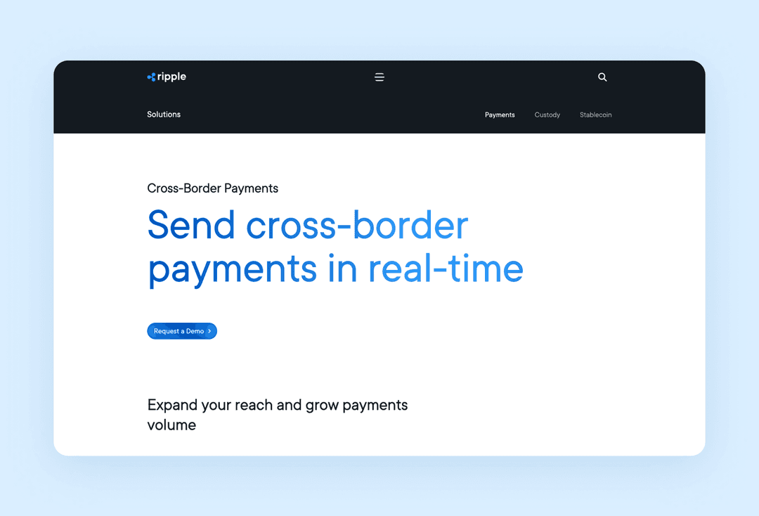 page on ripple.com advertising Ripple’s cross-border payment feature for businesses