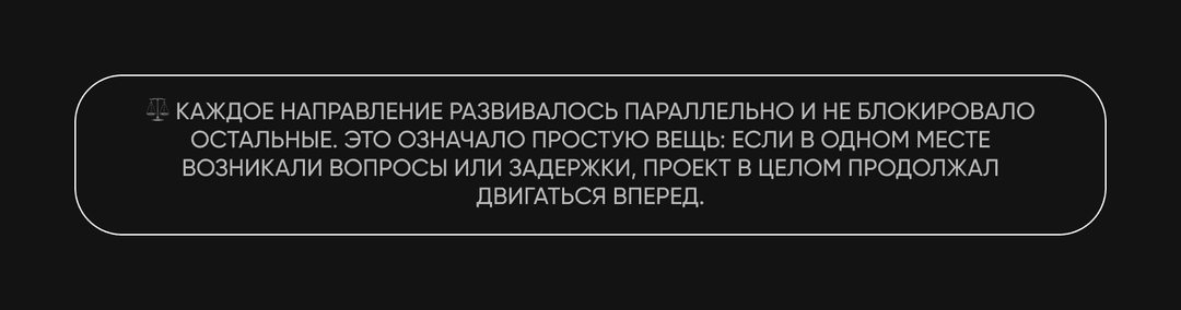 Текстовый блок о параллельной разработке, при которой отдельные задержки не останавливали работу над проектом в целом.
