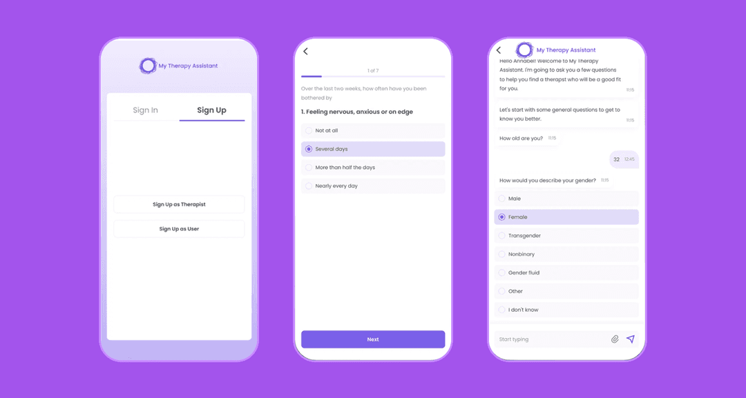 Sign-up screens for a telehealth platform