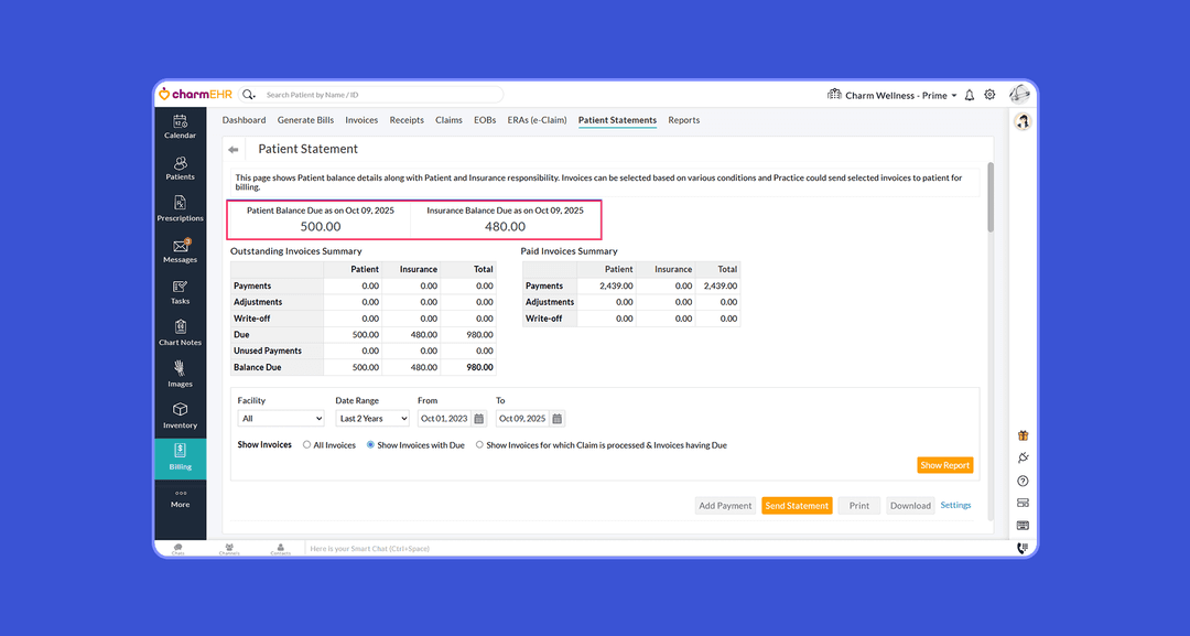 An interface of an EHR platform with medical billing
