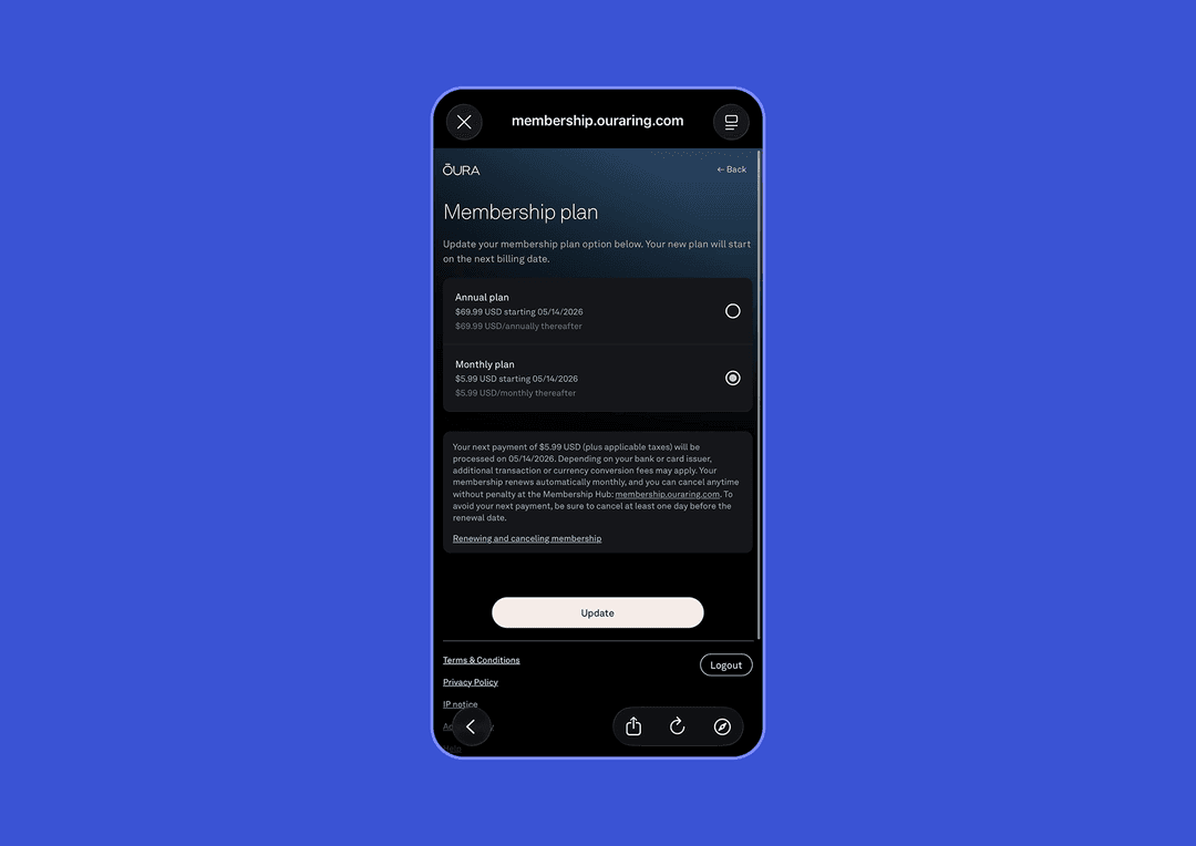 Screenshot with two tiers of subscription for the Oura ring
