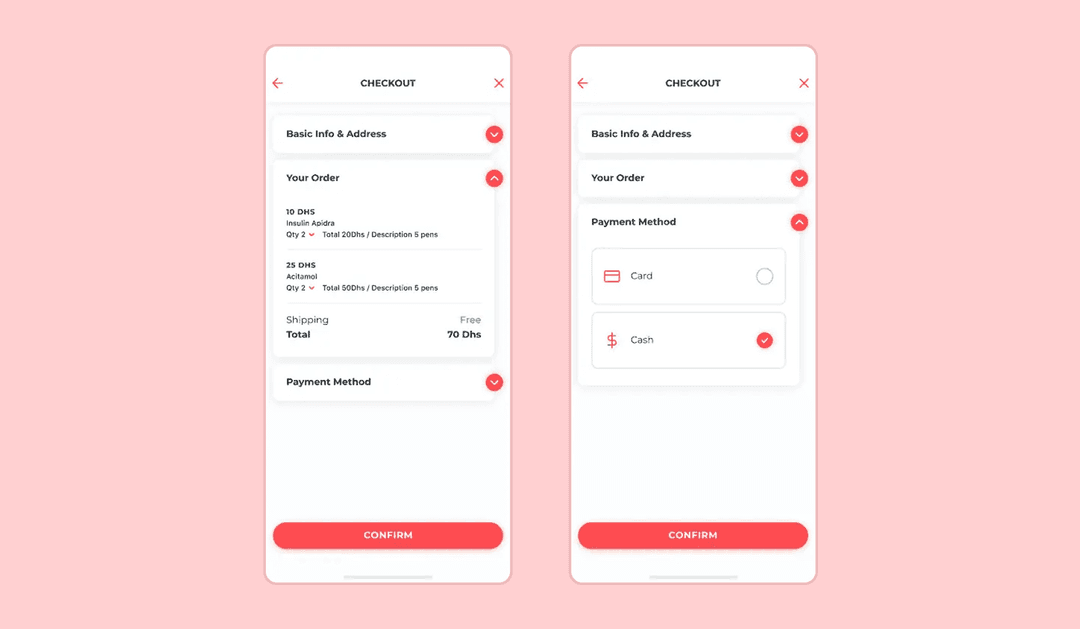 Checkout screens for an online pharmacy app