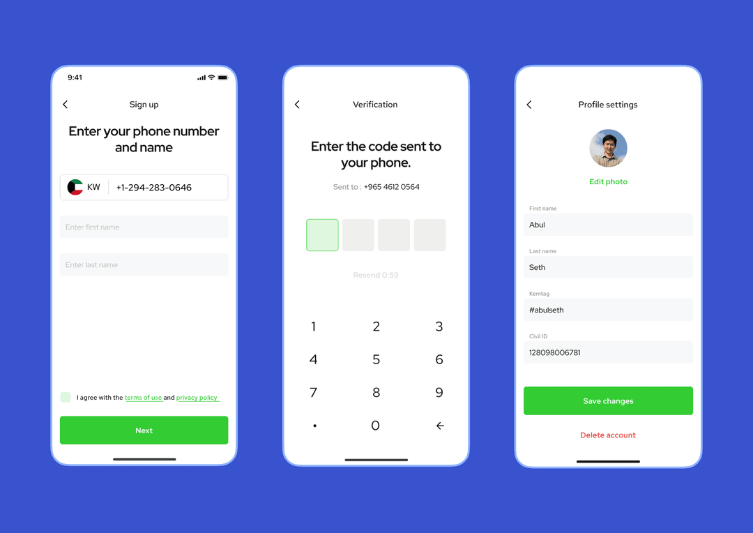 kem mobile payment app onboarding flow screenshot
