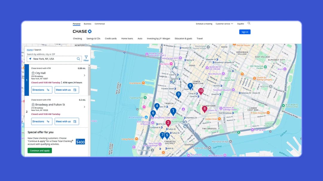 chase bank branch atm locator page interactive map mobile click-to-call click-to-directions