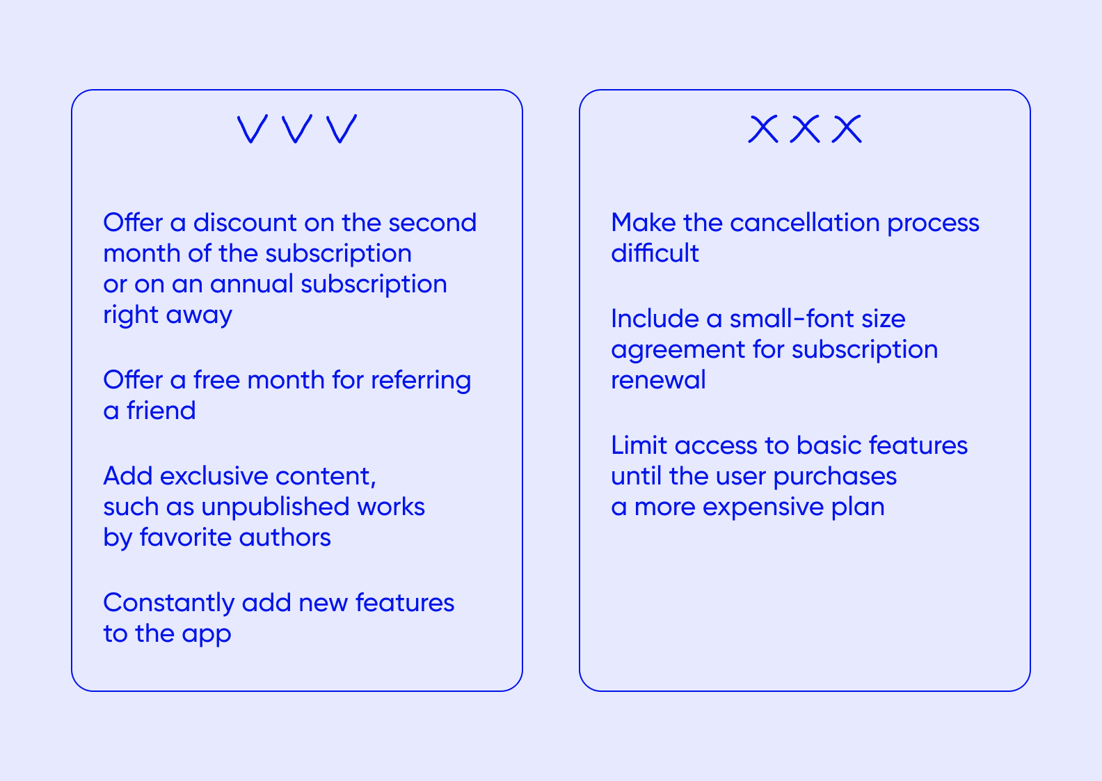 The actions in the right column will add at most one payment per user — they won't help with retention.