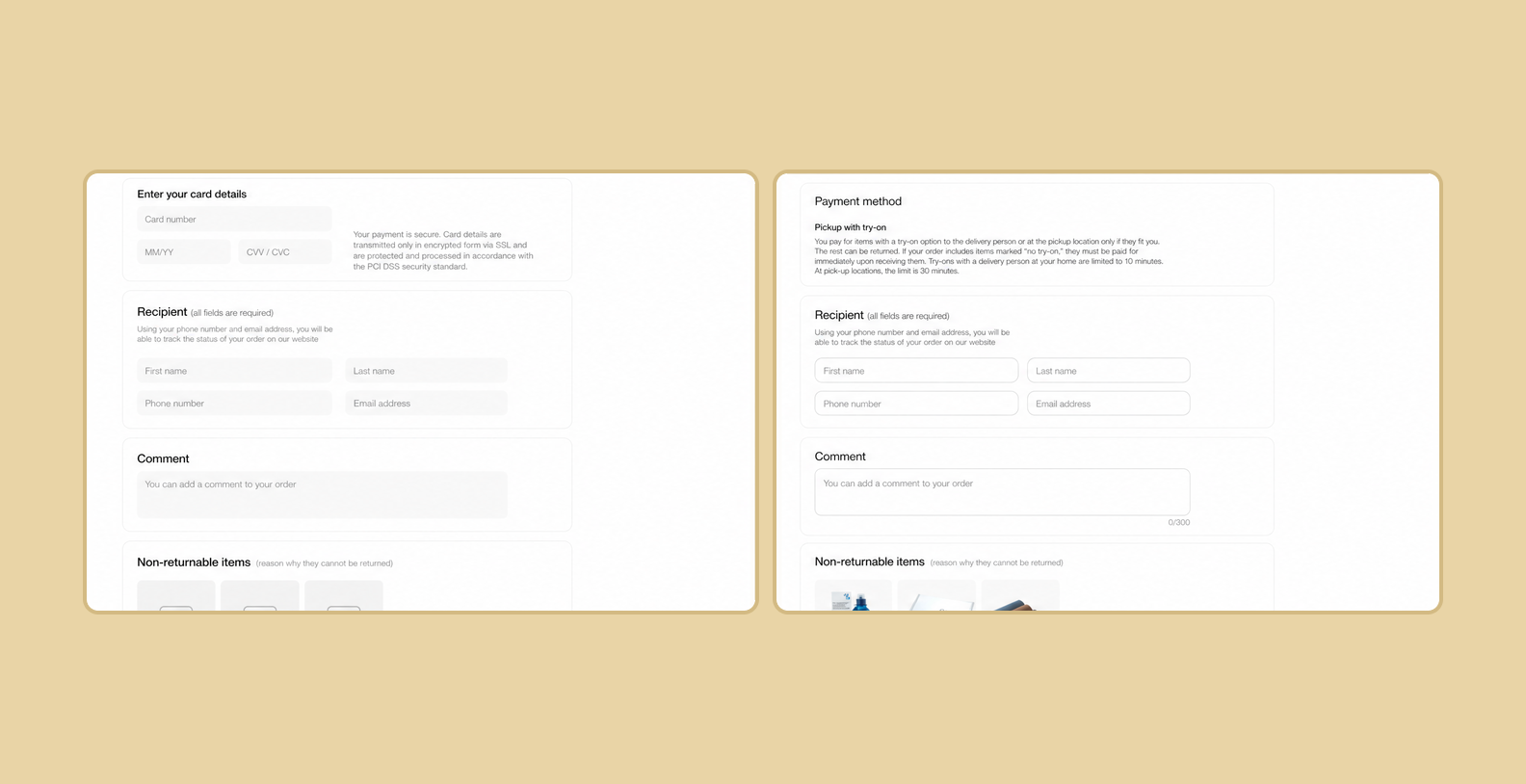 Delivery and payment fields in the checkout prototype and final design