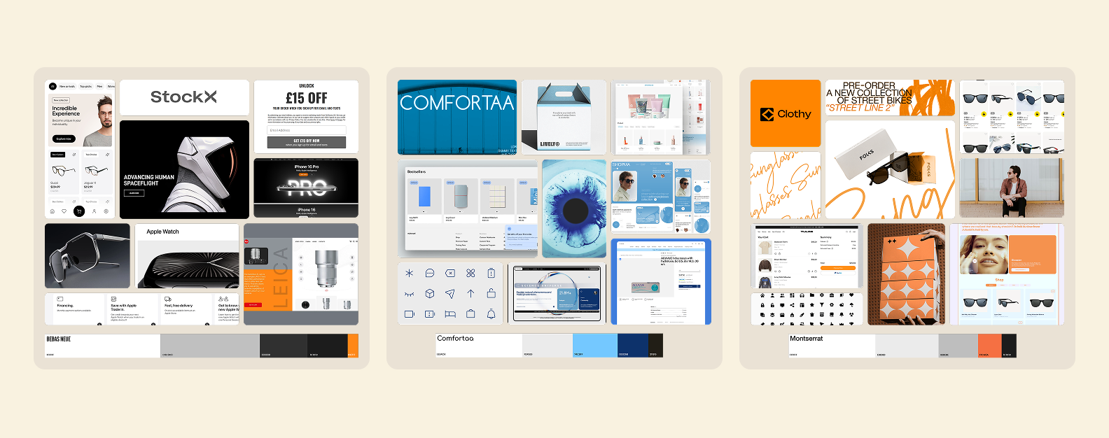 Moodboards for the eyewear marketplace: different visual styles — clinical aesthetic, fashion-forward, and tech-driven trends
