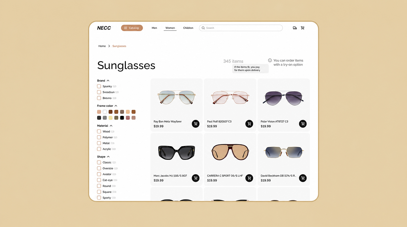 A sunglasses catalog with products organized and labeled