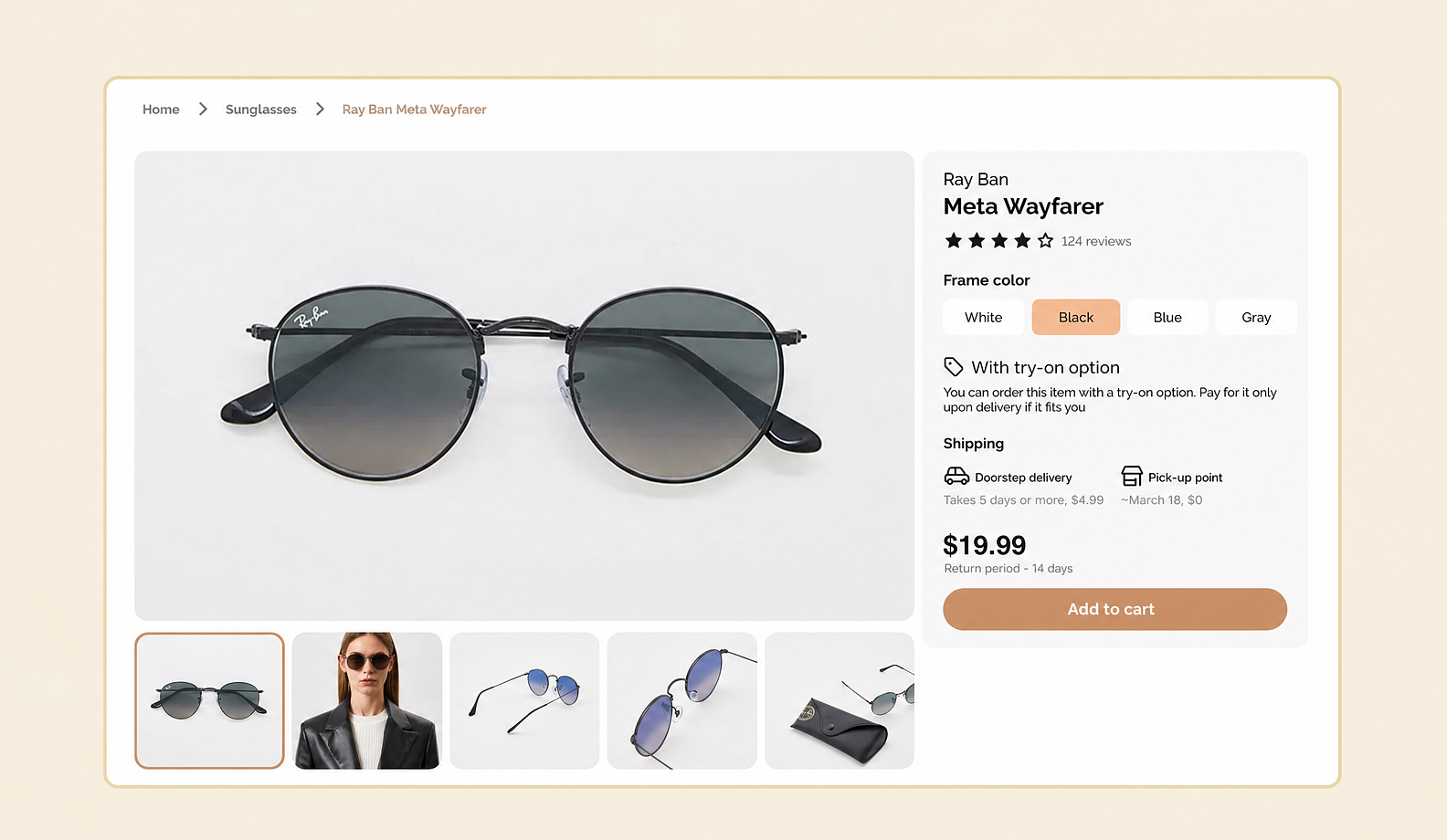 The product page: a large product photo, model description, color selection, and CTA buttons