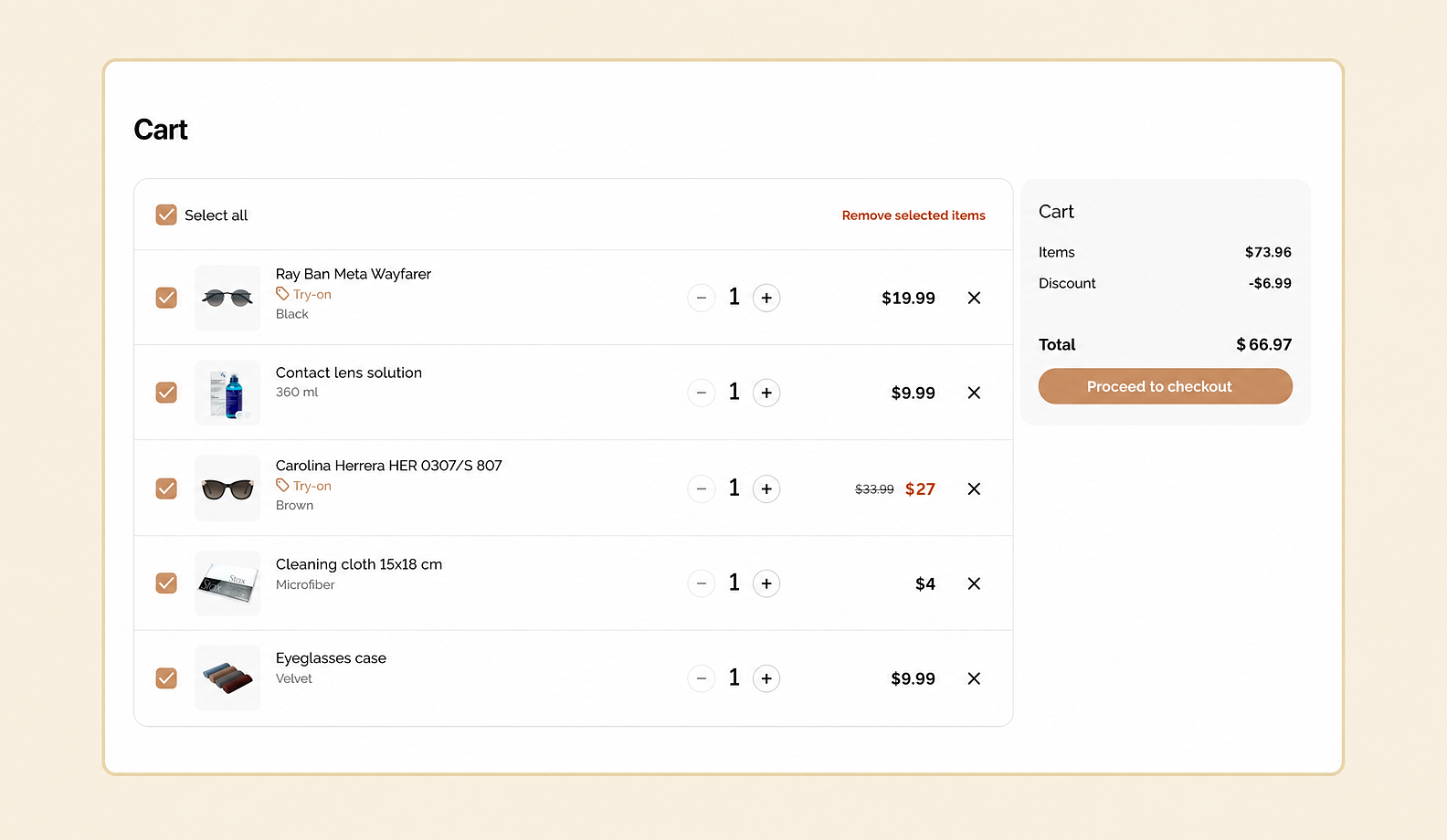 The cart screens: a list of selected models, fields for customer details, and the checkout process