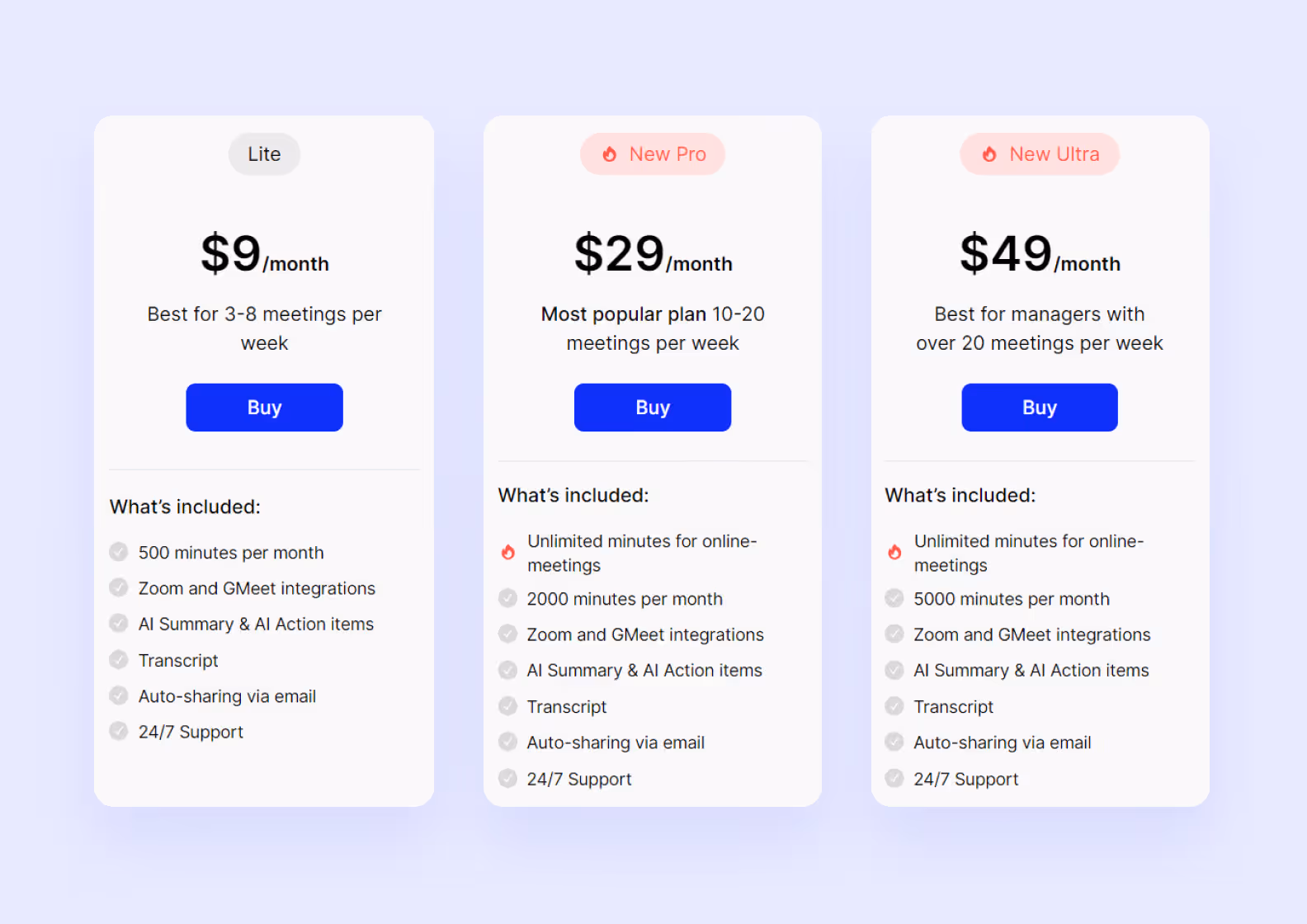 Plan options for the mymeet.ai service — users buy as many minutes of transcription as they need.