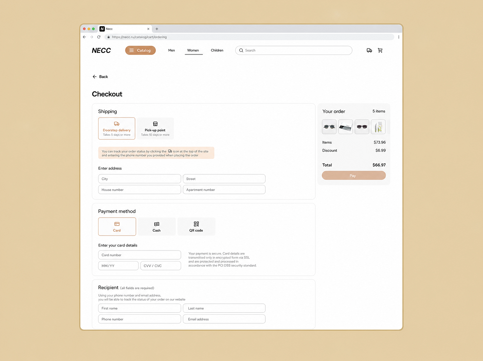 The checkout screen: a step-by-step form with fields for customer details and a confirmation button