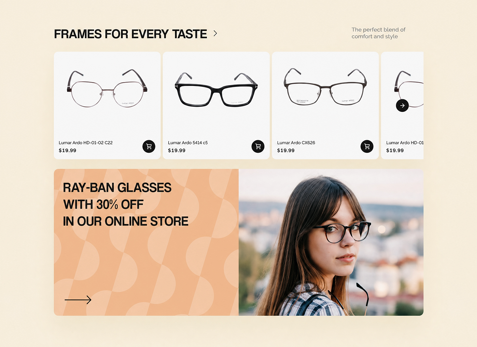 The eyewear marketplace interface: a catalog of frames and a promo banner with a discount