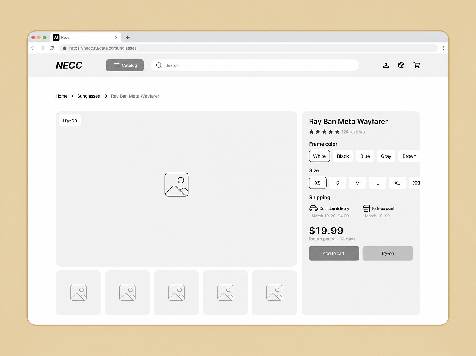 Interface prototypes of the eyewear marketplace: catalog, product page, and cart screens shown in black and white to test the user flows