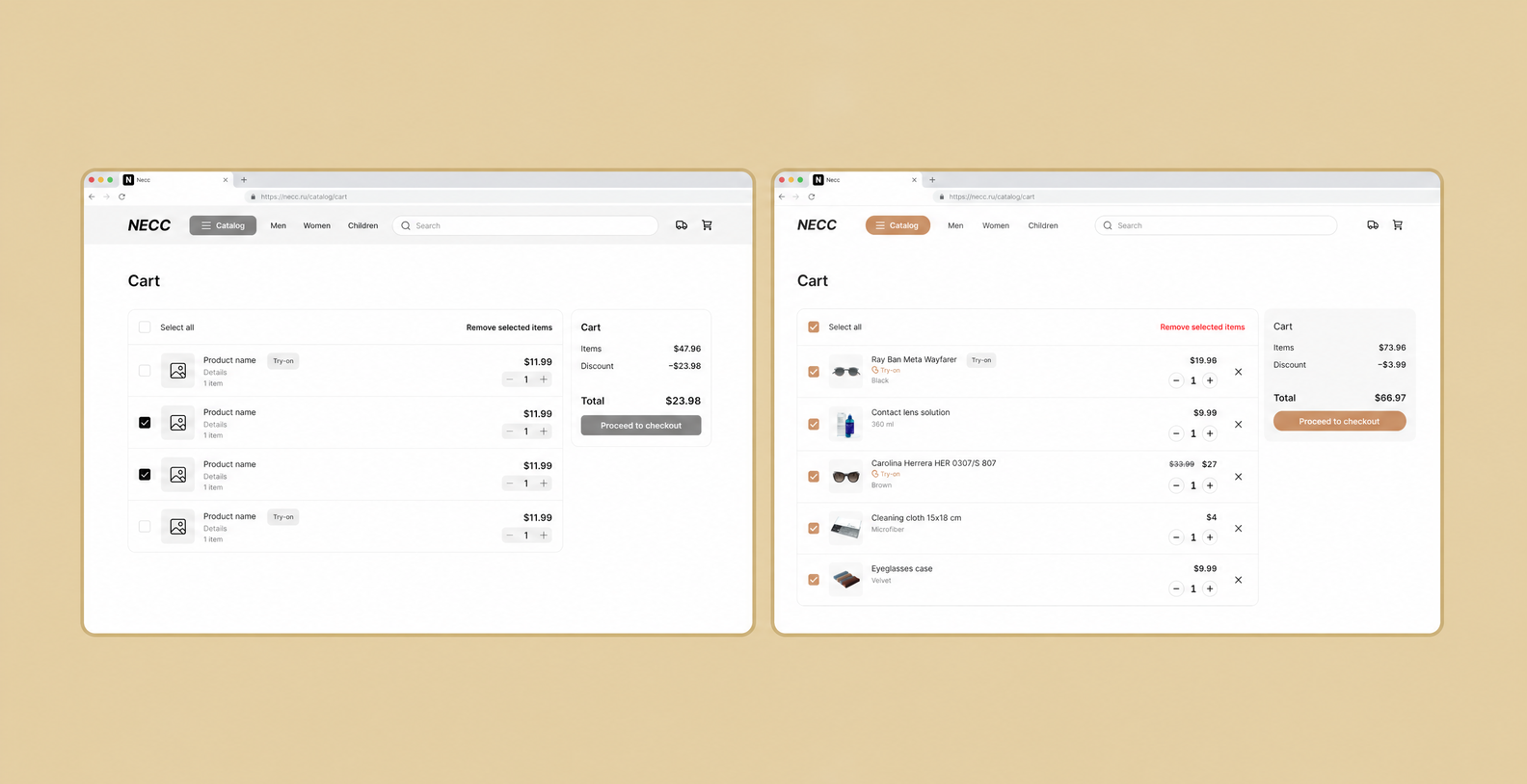 A side-by-side of the eyewear marketplace cart screens: the black-and-white prototype with the basic structure and the full-color final design