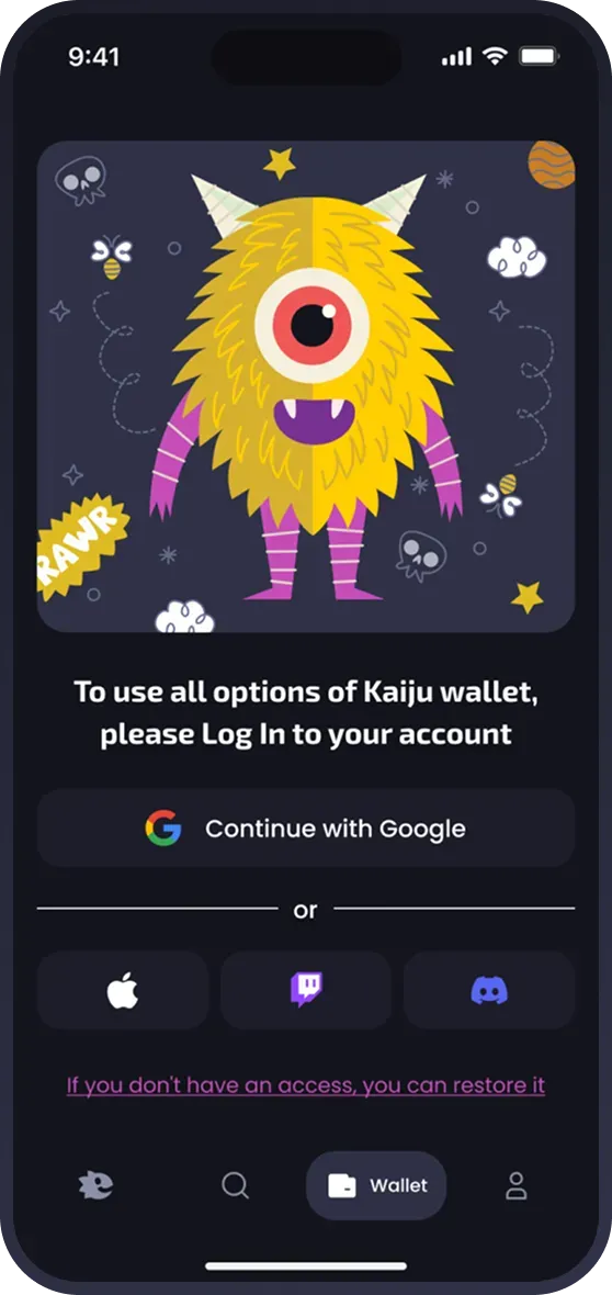 Kaiju wallet login screen with monster illustration