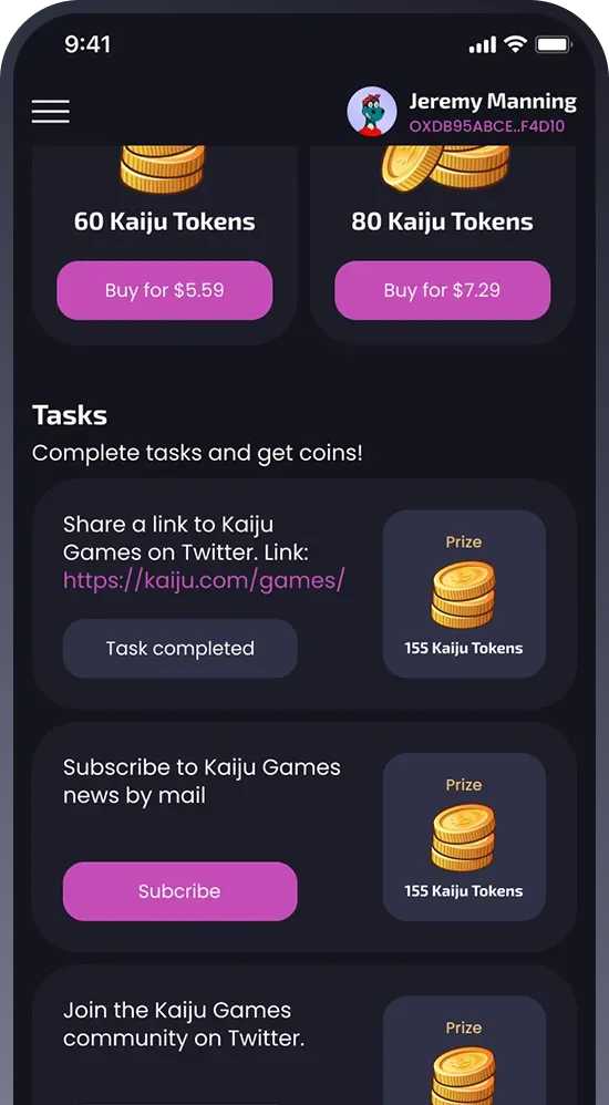 Mobile app token purchase and task screen