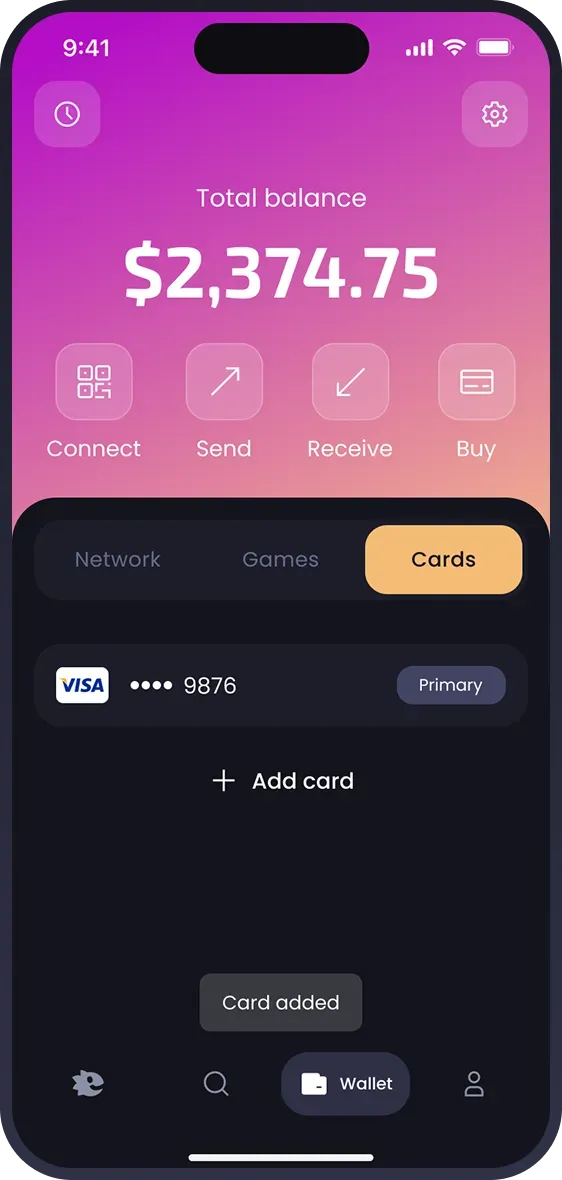 Mobile app wallet interface showing card details
