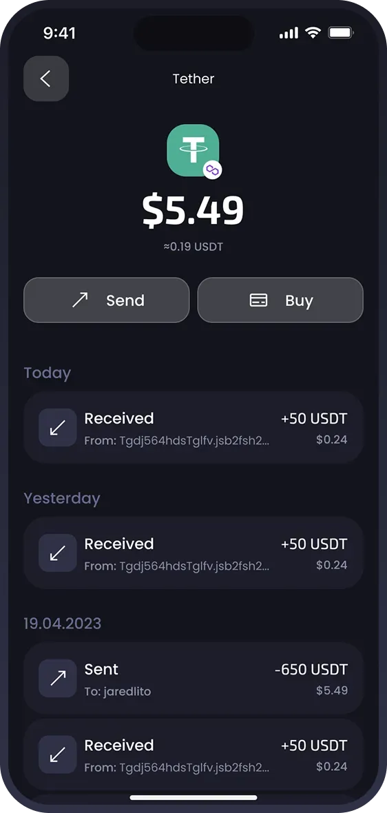 Mobile app transaction history screen