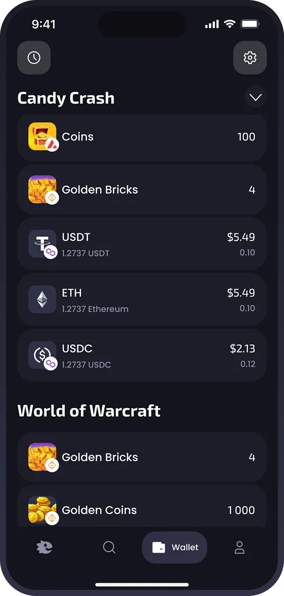 Wallet interface showing cryptocurrency balances