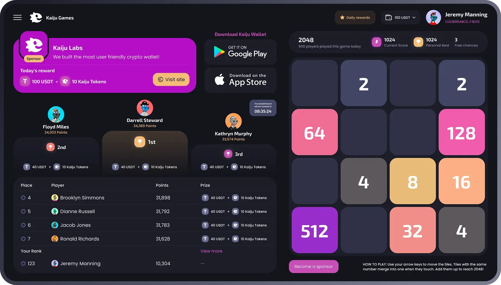Kaiju Games leaderboard and 2048 game screen