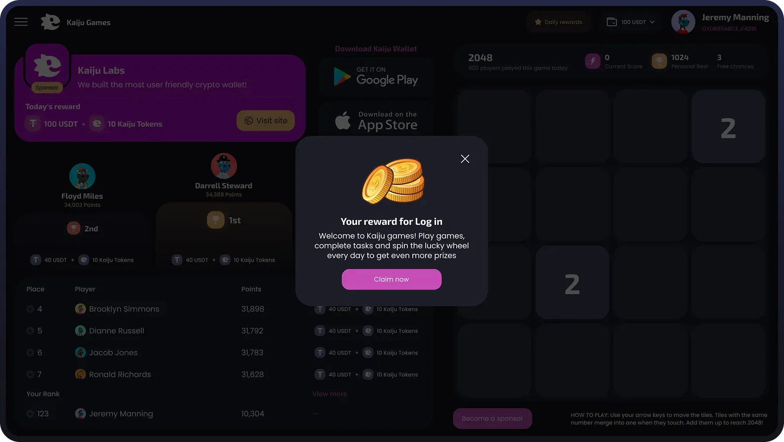 Reward notification for logging in to app