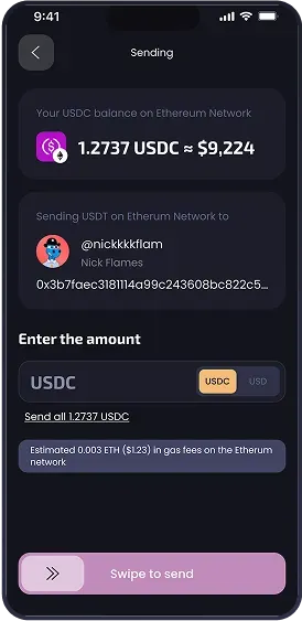 Mobile app cryptocurrency transfer screen