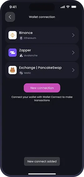 Wallet connection screen for cryptocurrency transactions