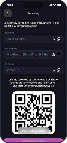 Mobile app receiving funds screen