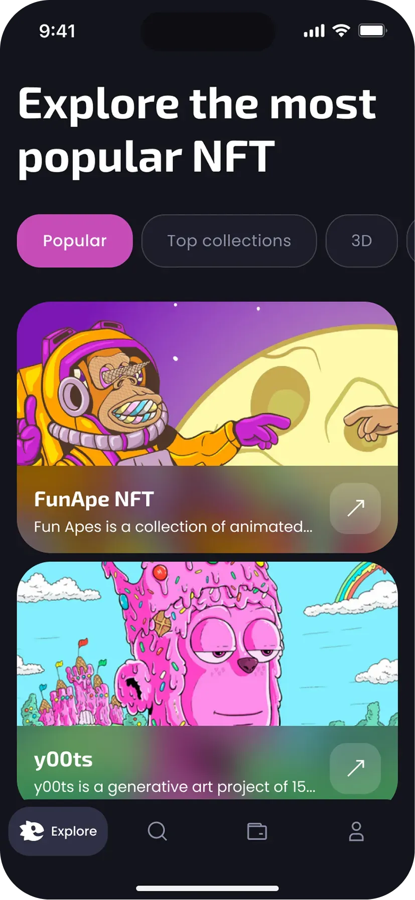 Mobile app NFT marketplace screen