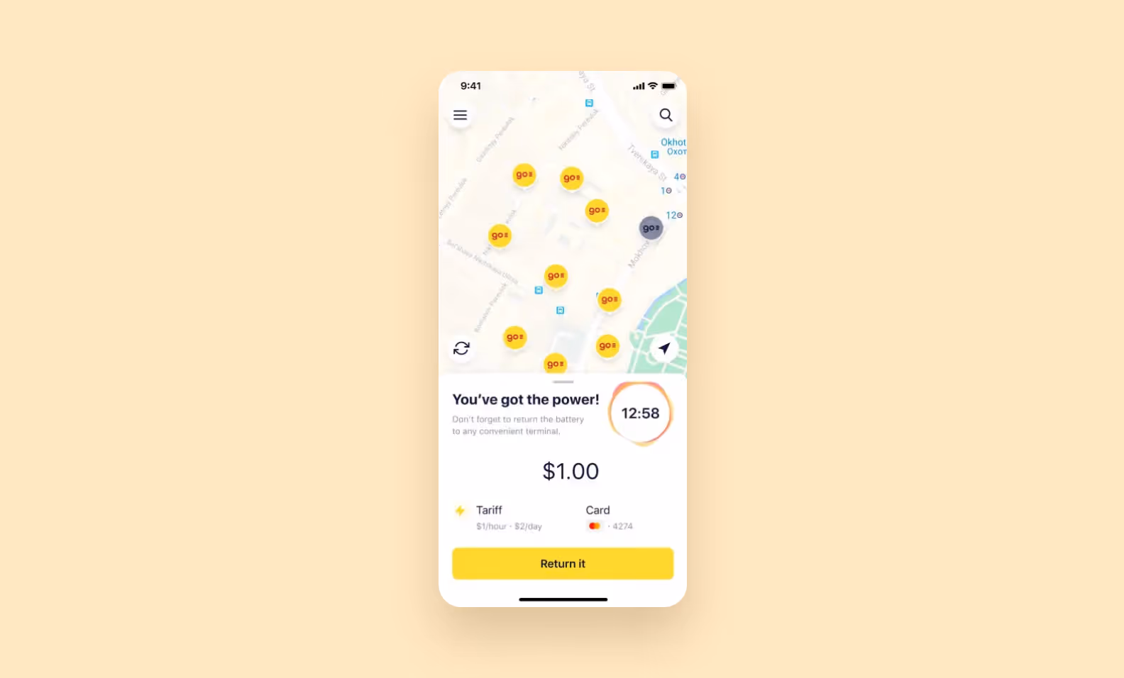 Screenshot of EnerGO map with available powerbank-renting stations