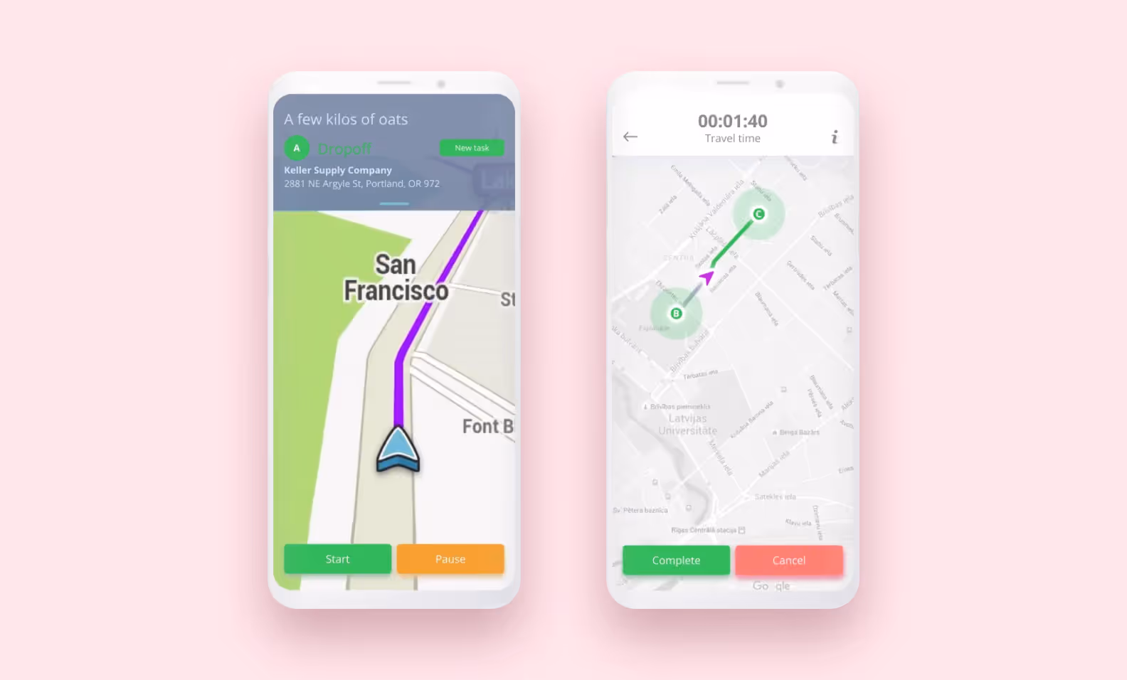 Screenshots of map interface in Cargo logistics app
