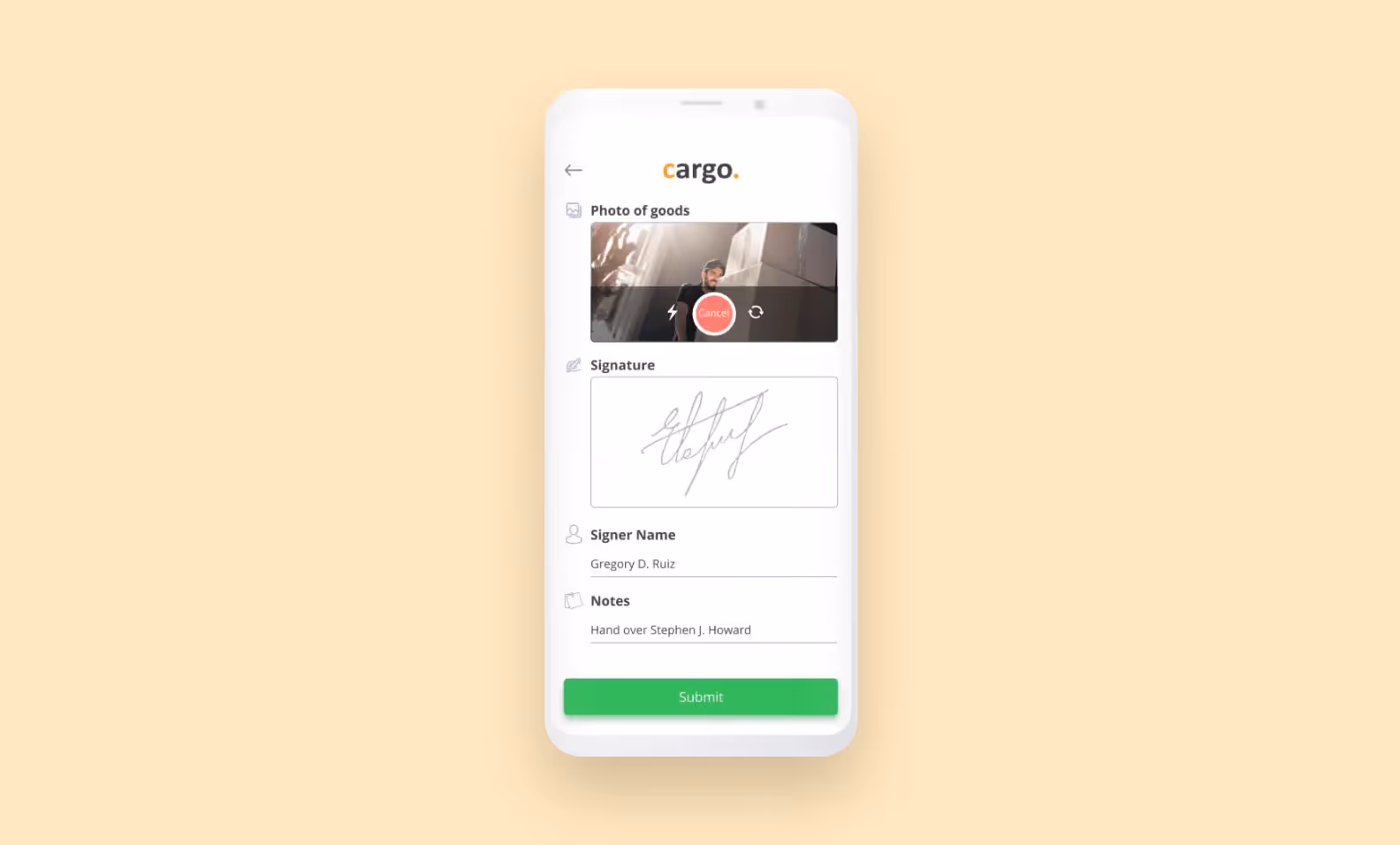Screenshot of the delivery page in Cargo logistics app