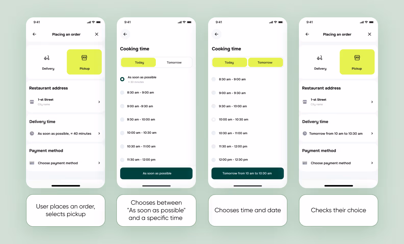 Screenshots of different user scenarios in Panam Pizza app