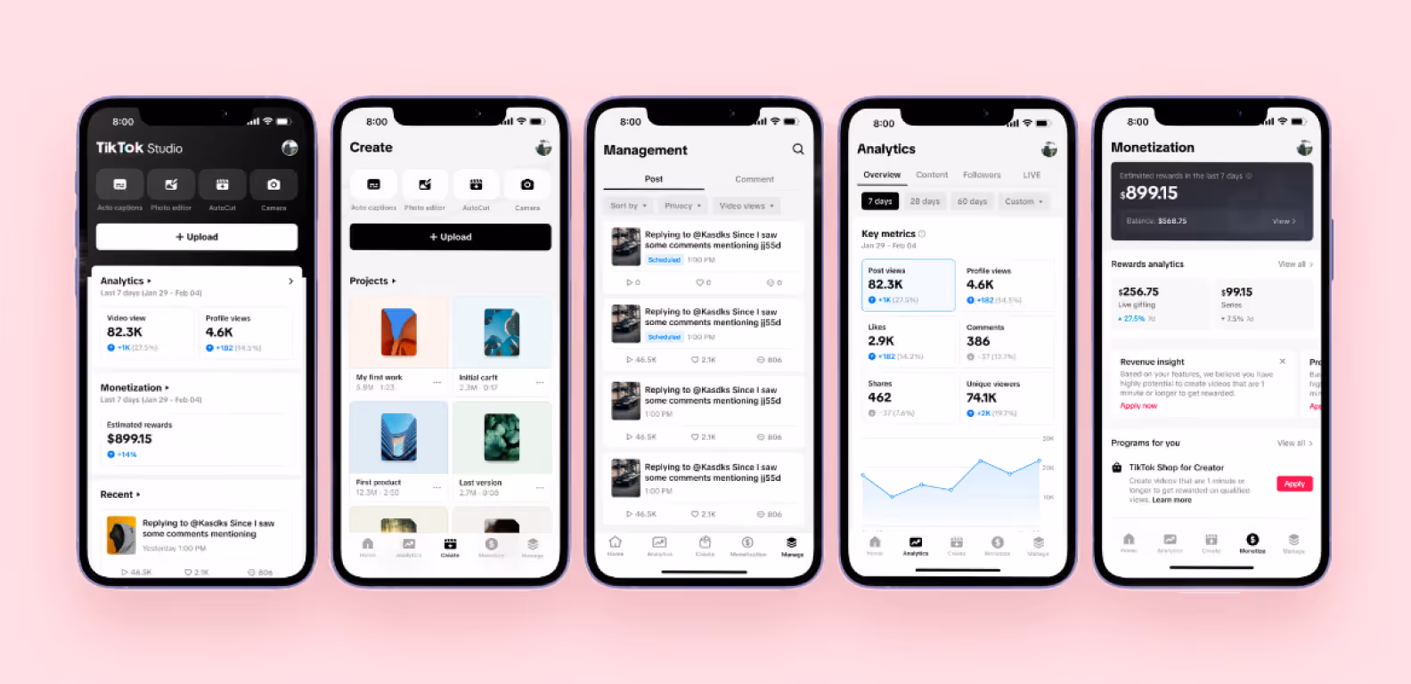 Three screens of TikTok Studio