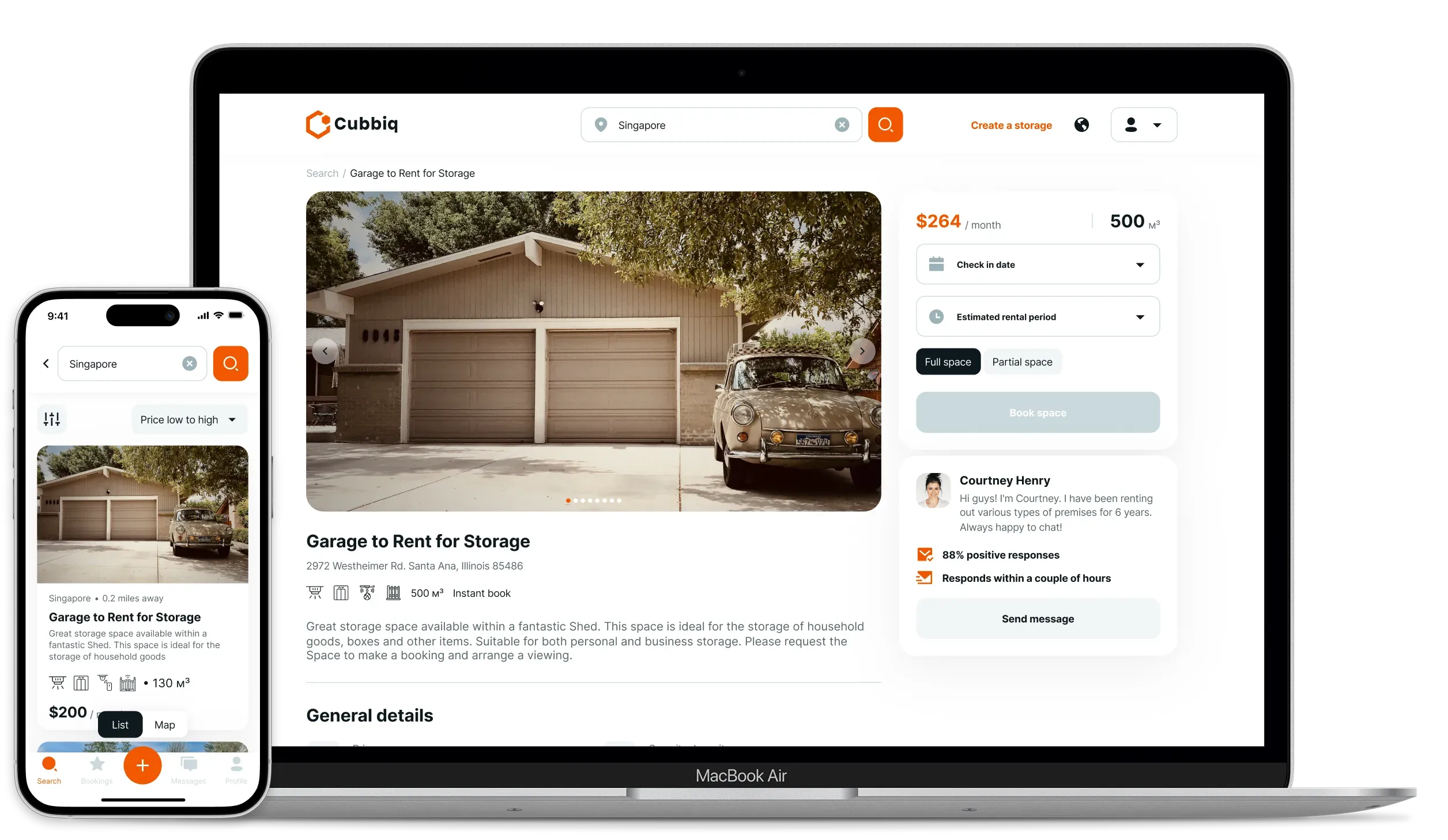 Cubbig storage rental app interface displaying garage details