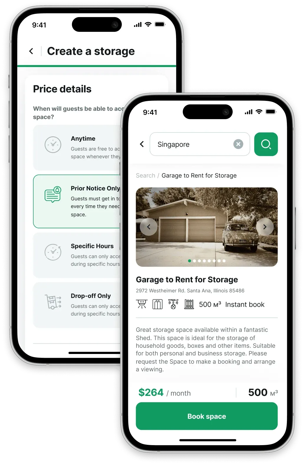 Mobile app storage booking screen
