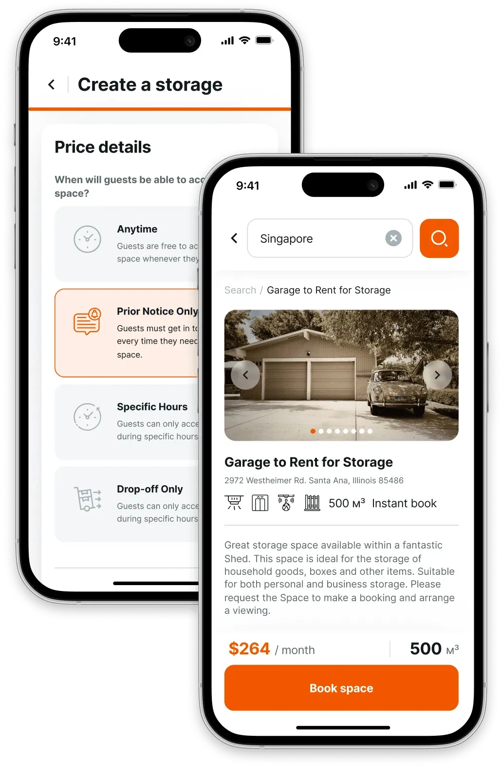 Mobile app storage rental screen