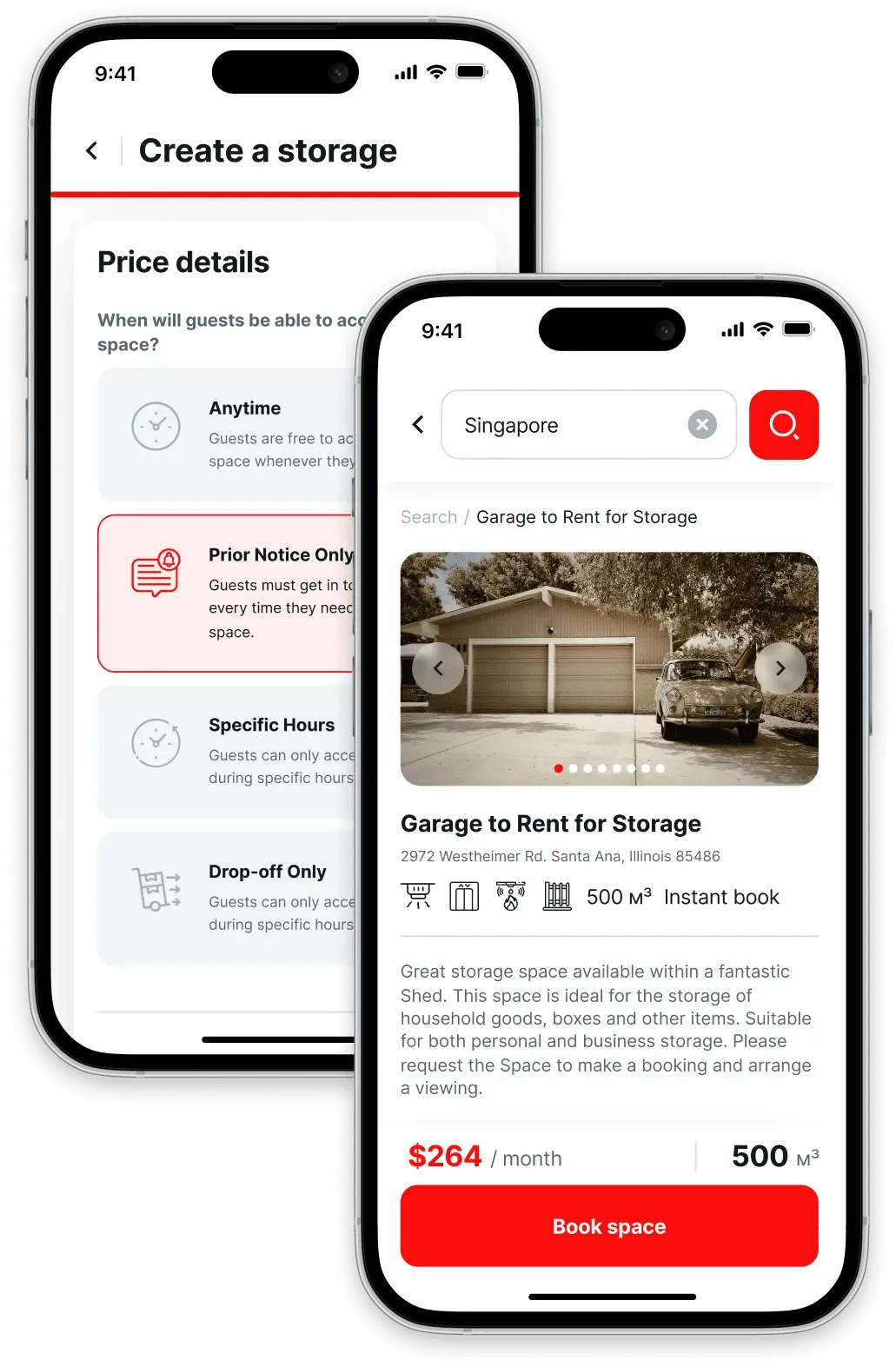Mobile app storage rental interface