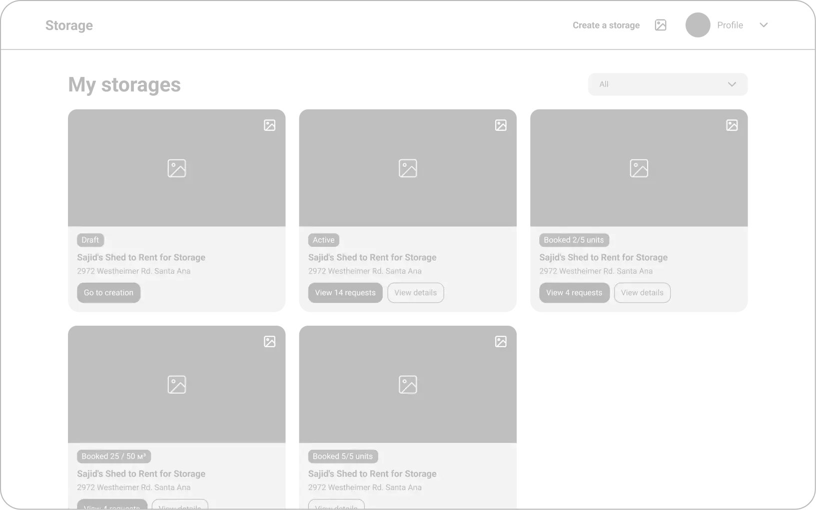 Storage rental listings interface screen