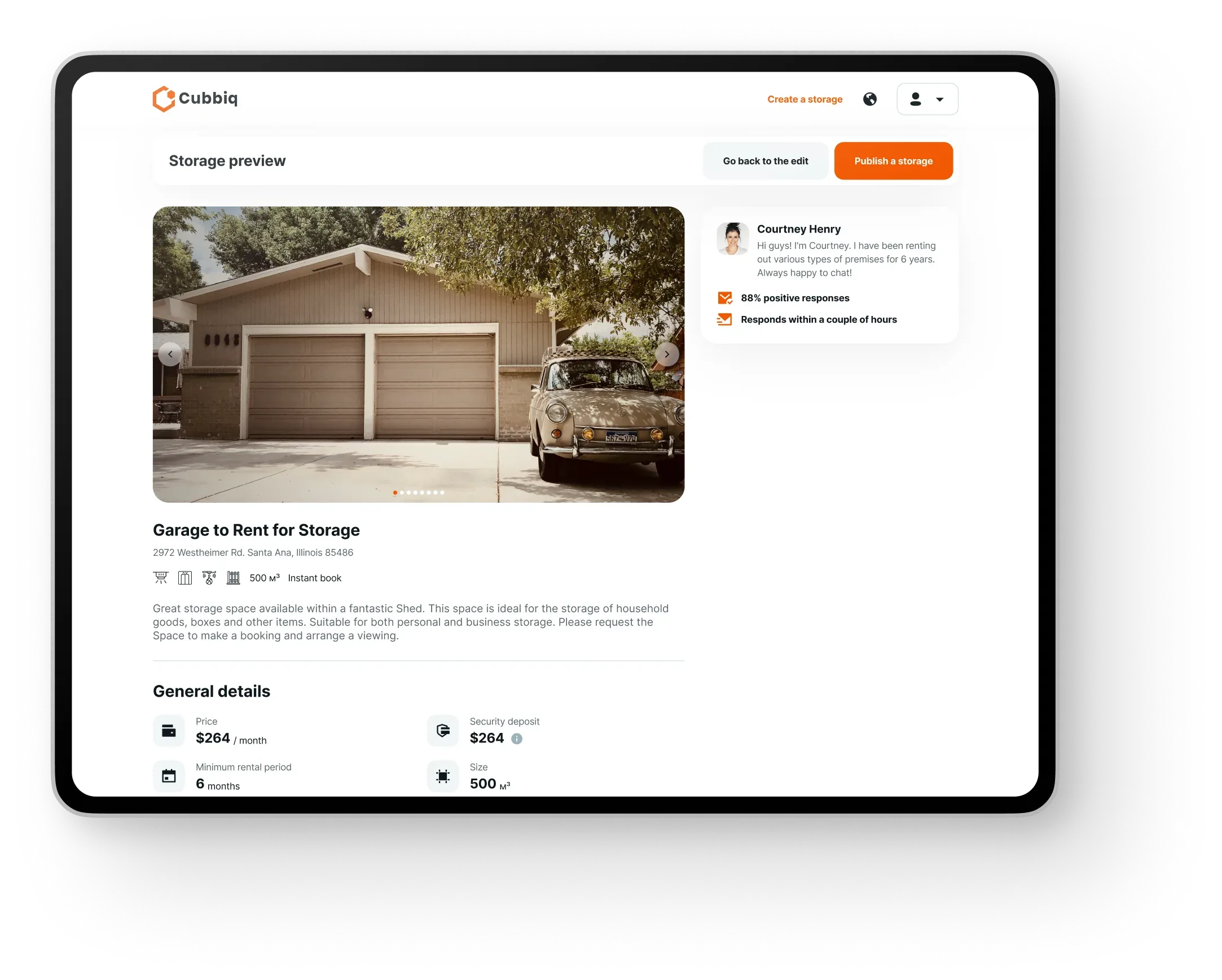 Storage rental preview screen