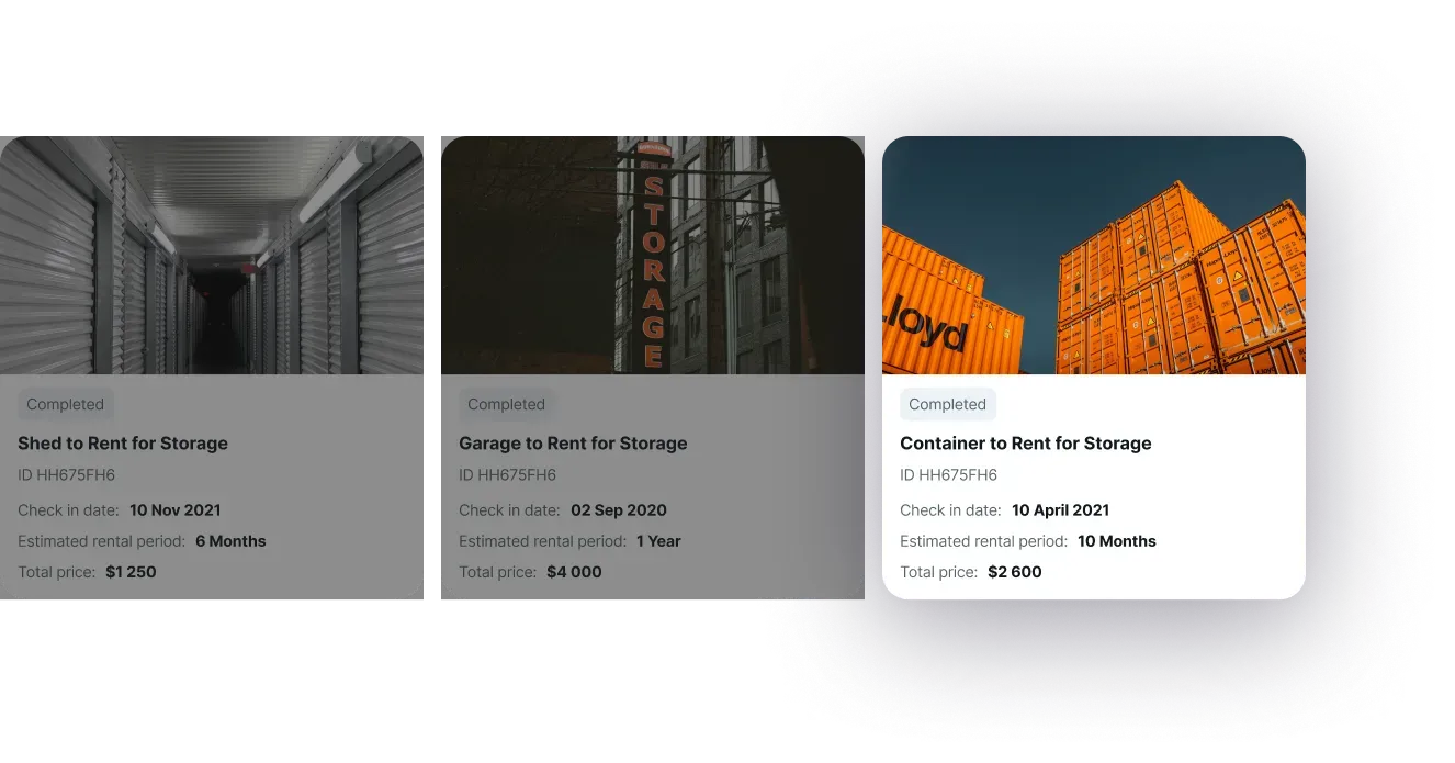 Storage rental listings with details