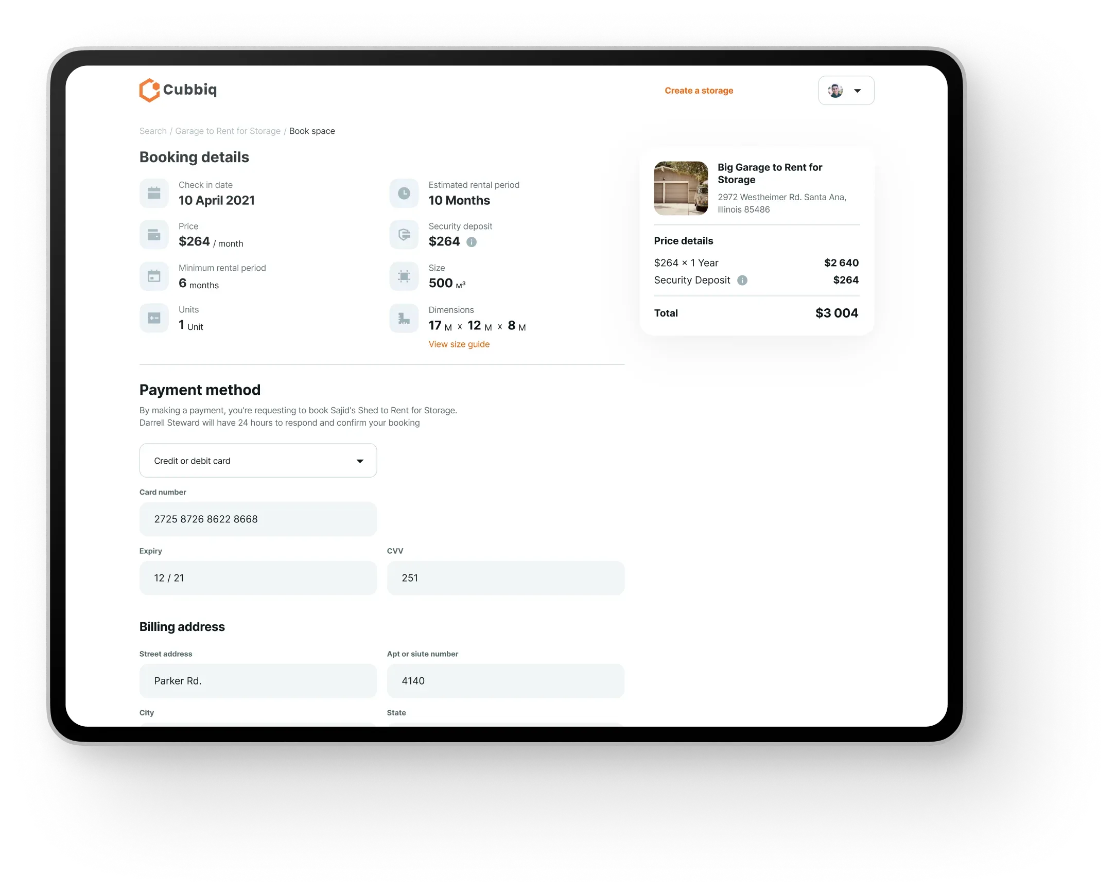 Storage booking confirmation screen