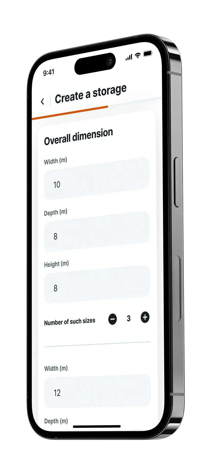 Mobile app storage creation screen